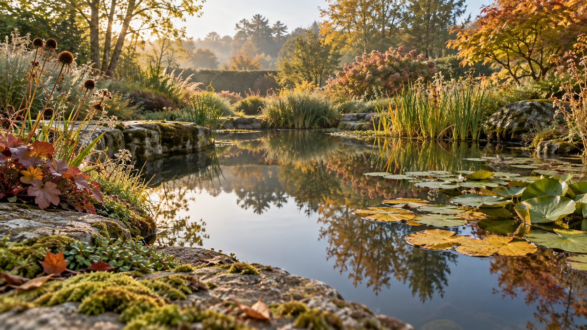 Illustration dâun bassin de jardin en automne, avec nĂ©nuphars et plantes de berge