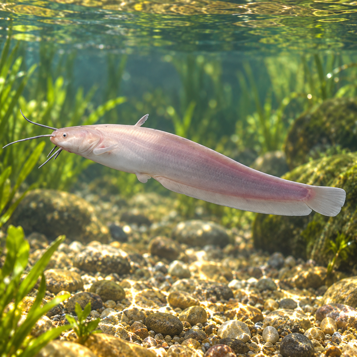 Silure Européenne albino 12 à 15CM / Albino meerval dans l’eau — mise en situation illustrative générée