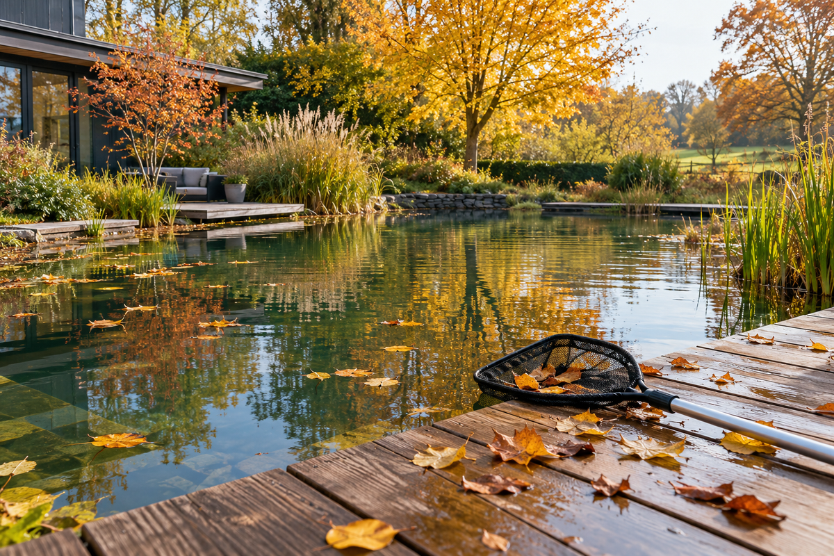 Piscine naturelle en automne : gérer les feuilles — illustration éditoriale