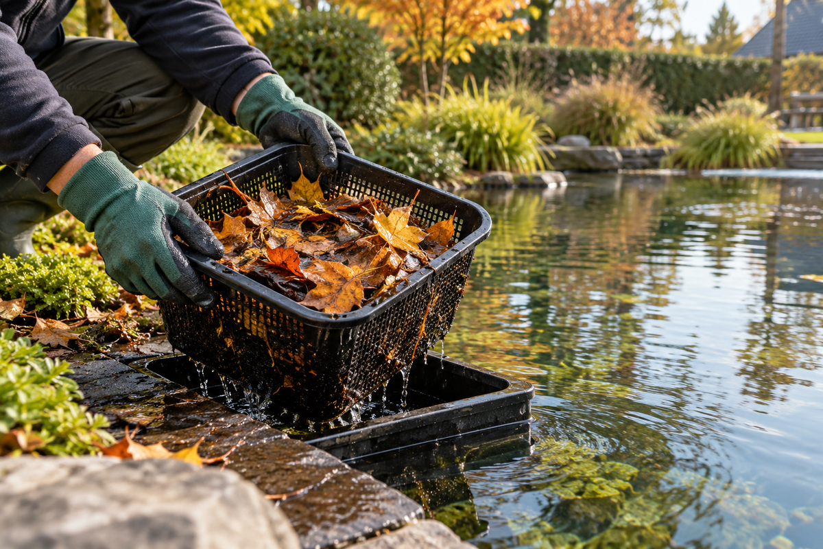 Skimmer en automne : éviter le panier bouché — illustration éditoriale