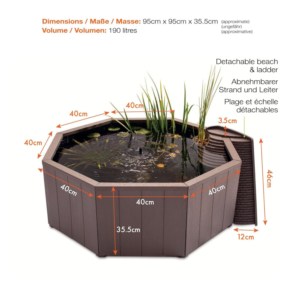Bassin hors sol 190 L avec fontaine solaire | Aquigarden