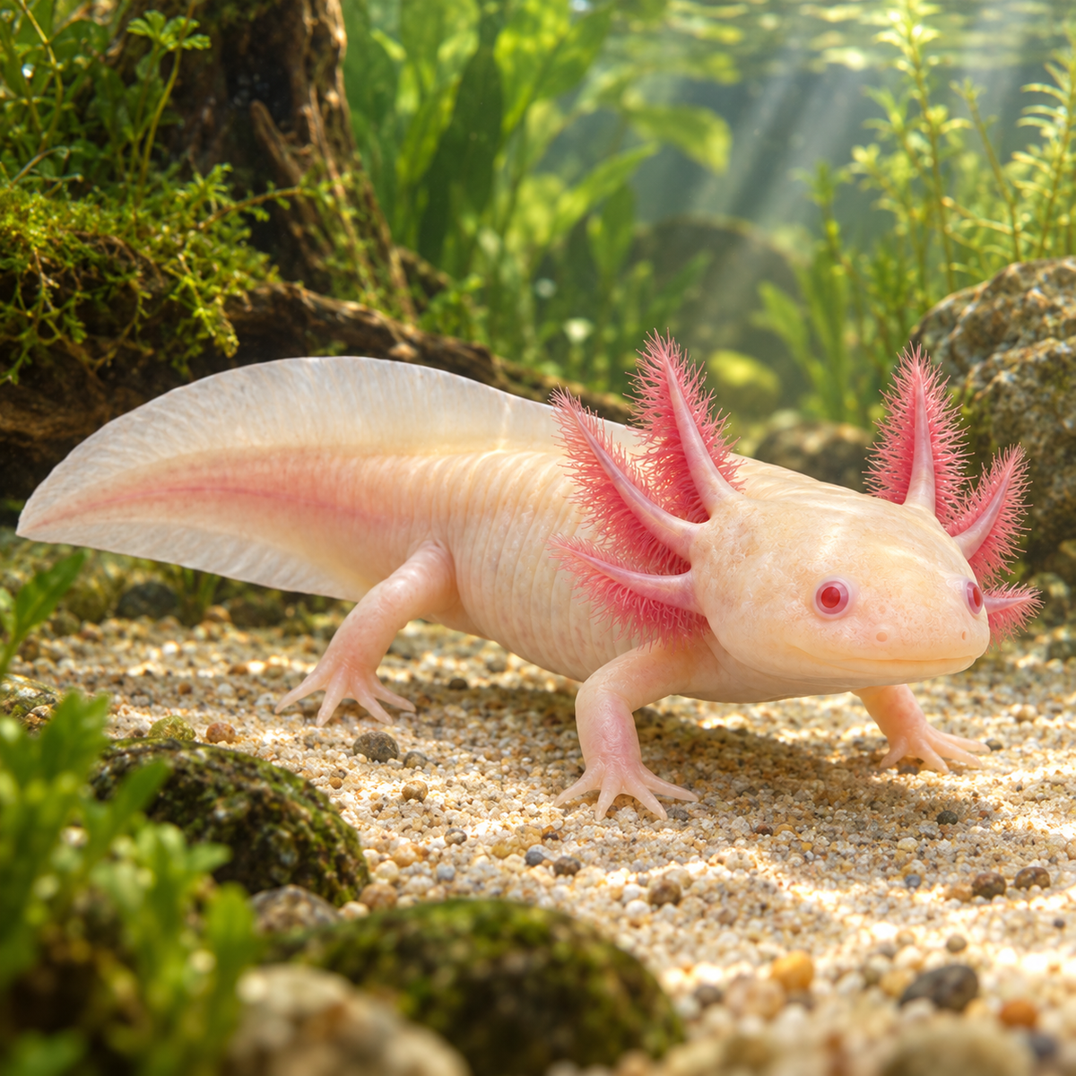 Axolotl albinos dans l’eau — mise en situation illustrative générée