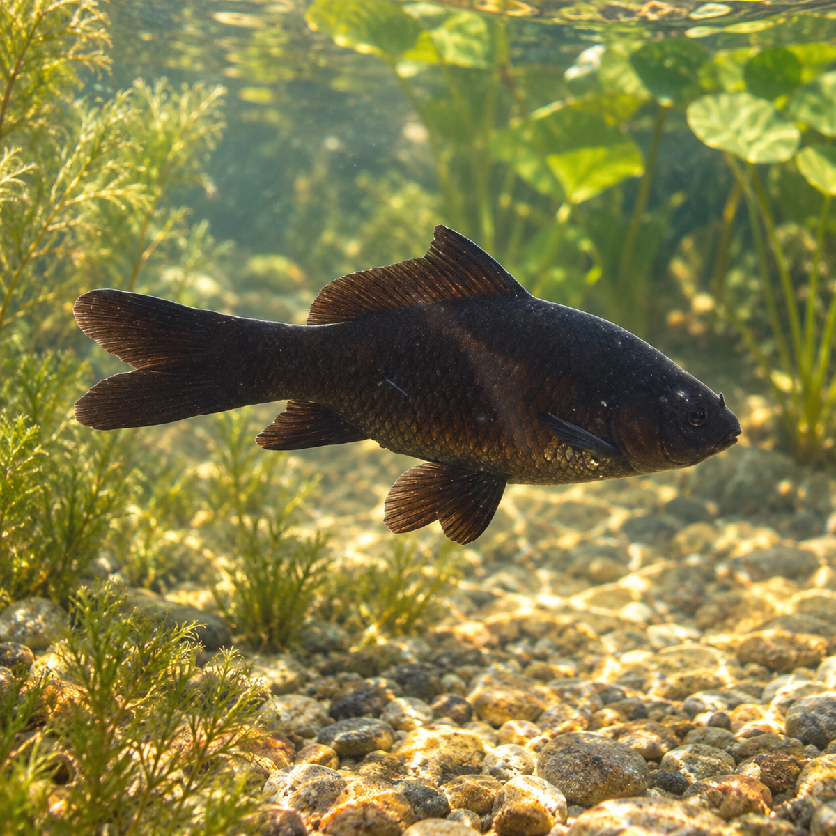 Comet Noir Poisson -  Zwarte komeet dans l’eau — mise en situation illustrative générée