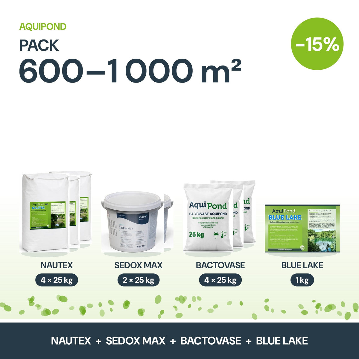 Pack Lentilles d'eau Aquipond – Nautex, SeDox Max & Bactovase (150 à 1 500 m²)